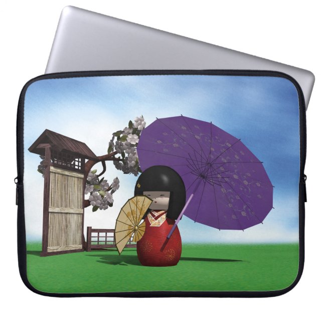 Capa Para Notebook Boneca Kokeshi Japonesa Arte de Flor de Cerejeira (Frente)