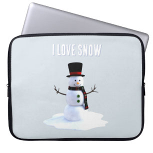 Capa Para Notebook Boneco de neve com chapéu e cachecol. Eu Amo Neve