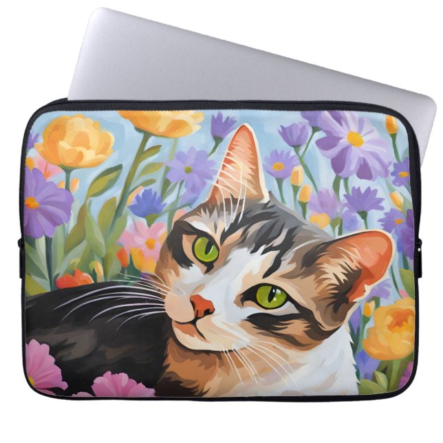 Capa Para Notebook Bonito gato com flores (Frente)