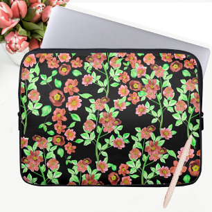 Capa Para Notebook Bonito Jardim Flores Vermelho Coral Verde em Preto