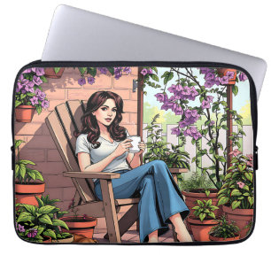 Capa Para Notebook Bonito Lady Bebendo Relaxando Lá Fora