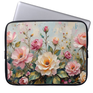 Capa Para Notebook Bonito pintura rosa e Rosas de jardim creme