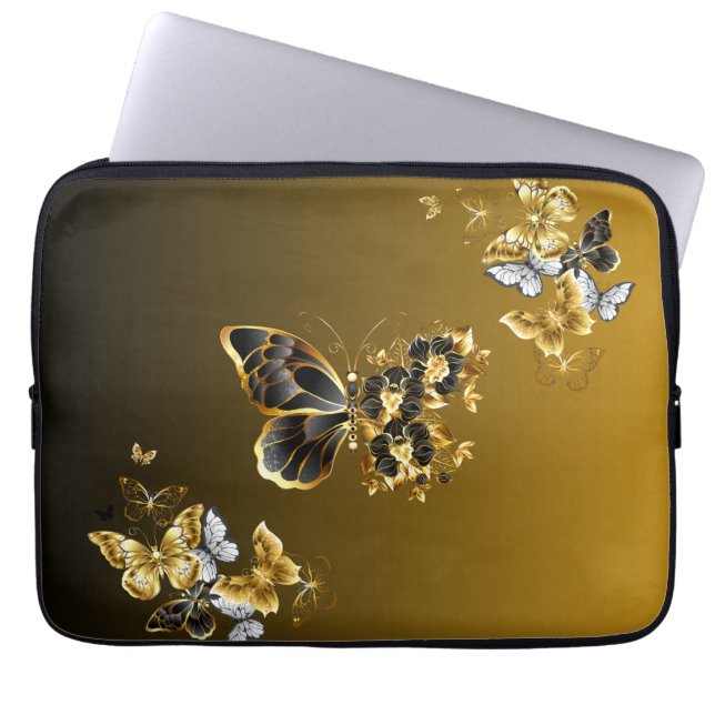 Capa Para Notebook Borboleta Dourada da Meia-Noite – Harmonia Floral  (Frente)