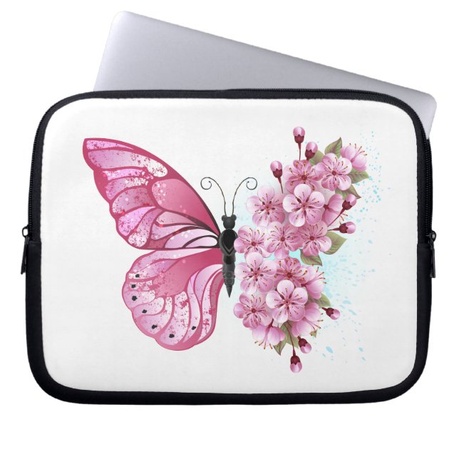 Capa Para Notebook Borboleta Flor com Sakura Rosa (Frente)