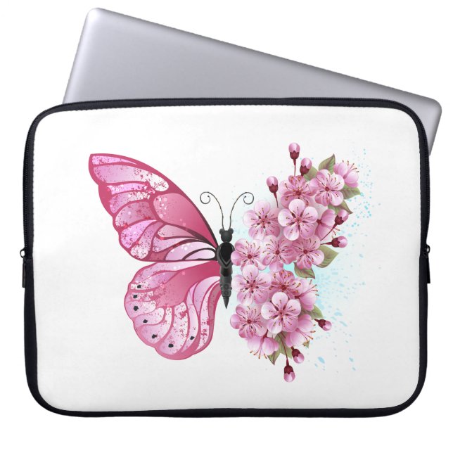 Capa Para Notebook Borboleta Flor com Sakura Rosa (Frente)