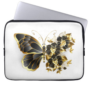 Capa Para Notebook Borboleta Flor Dourada com Orquídea Preta