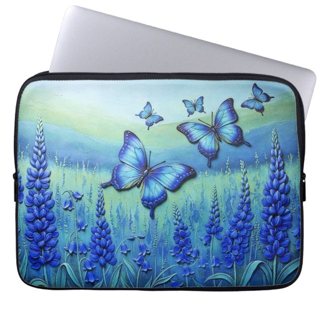 Capa Para Notebook Borboletas Azuis com Flores Azuis, (Frente)