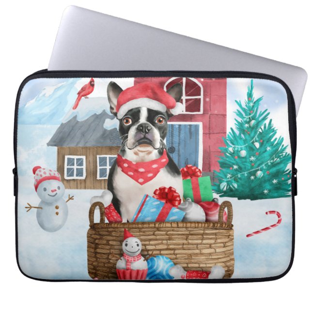 Capa Para Notebook Boston Terrier Dog Na Casa Dos Cachorros De Natal  (Frente)