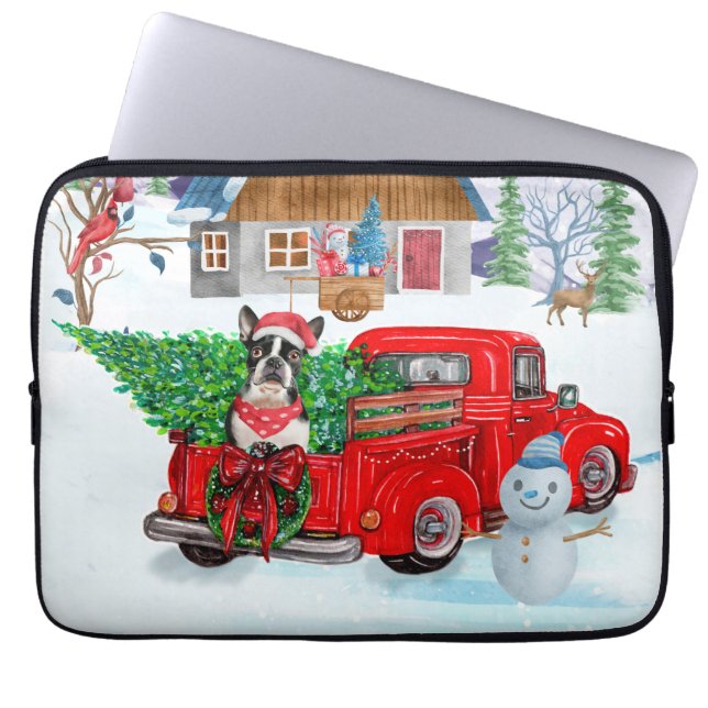 Capa Para Notebook Boston Terrier dog No Caminhão De Entrega De Natal (Frente)