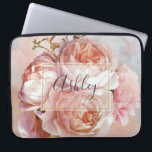 Capa Para Notebook BOTÂNICA FLORAL PEONA Nome Monograma<br><div class="desc">BOTANICAL FLORAL PEONY Name Monogramas manga computador - Coloque seu computador em estilo com este lindo design com um belo buquê de rosas e peônias cor-de-rosa, sobre um belo fundo cor-de-água rosa e azul. Uma camada branca elegante e filtrada, limitada por uma folha de ouro falsa interna, enrola o nome,...</div>