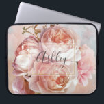 Capa Para Notebook BOTÂNICA FLORAL PEONA Nome Monograma<br><div class="desc">BOTANICAL FLORAL PEONY Name Monogramas manga computador - Coloque seu computador em estilo com este lindo design com um belo buquê de rosas e peônias cor-de-rosa, sobre um belo fundo cor-de-água rosa e azul. Uma camada branca elegante e filtrada, limitada por uma folha de ouro falsa interna, enrola o nome,...</div>