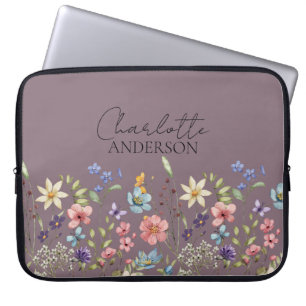 Capa Para Notebook Botânico de Flor Selvagem Nome Personalizado Púrpu