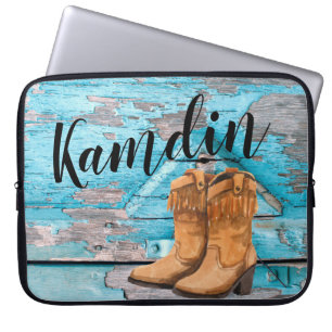 Capa Para Notebook Botas da porta do poço de madeira azul no Laptop p