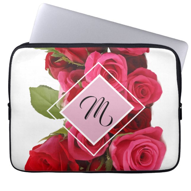 Capa Para Notebook Bouquet Red and Pink Roses Monogram Tablet Sleeve (Frente)