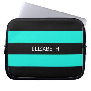 Capa Para Notebook Bright Aqua Black Horiz Preppy Stripe #3 Monograma