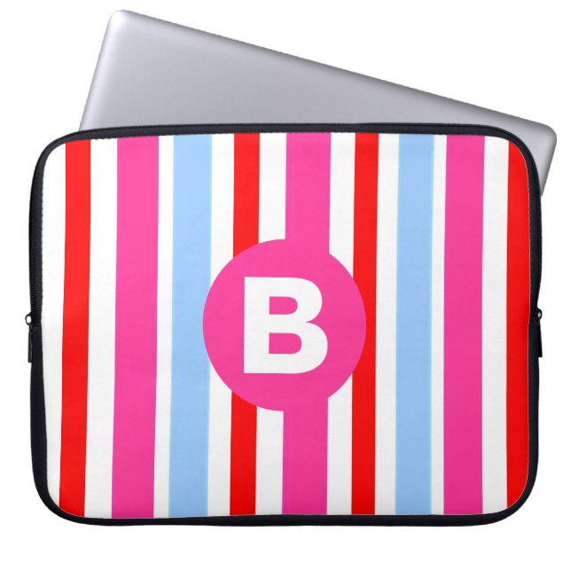 Capa Para Notebook Bright Pink and Blue Candy Stripes Monogram (Frente)