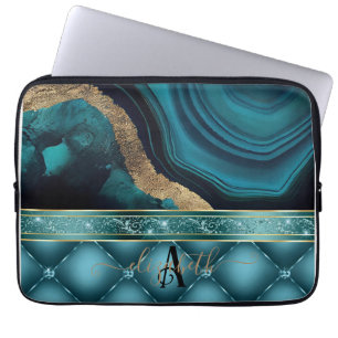 Capa Para Notebook Brilho Dourado Ágata Azul-turquesa Mármore Diamant
