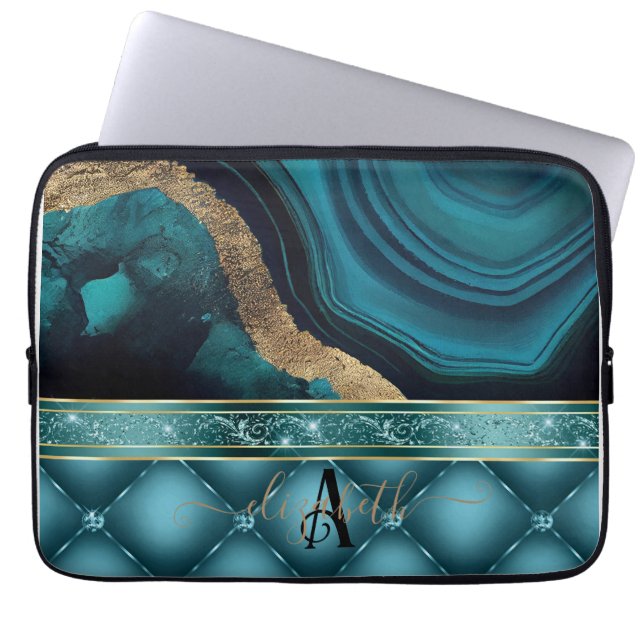 Capa Para Notebook Brilho Dourado Ágata Azul-turquesa Mármore Diamant (Frente)