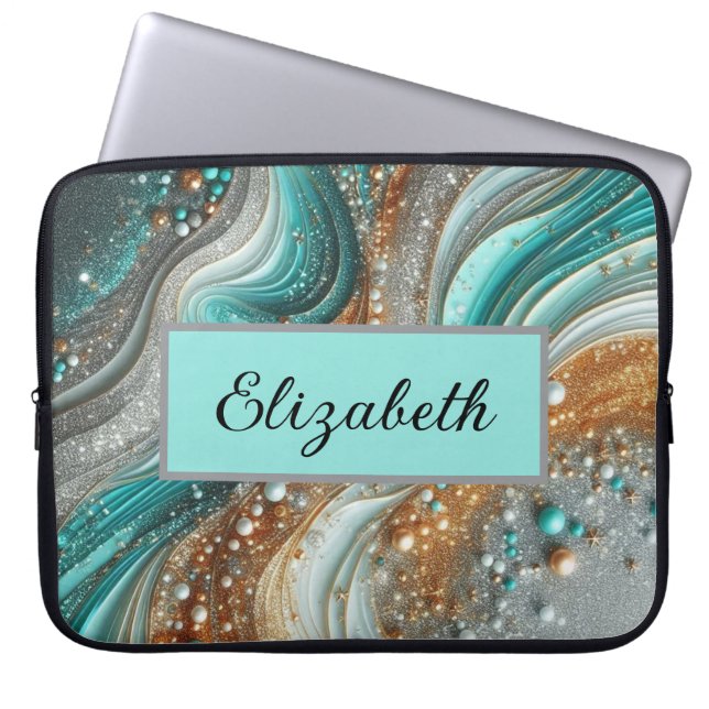 Capa Para Notebook Brilho feminino chique e nome azul-prata dourado  (Frente)