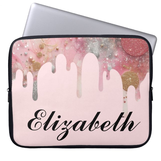 Capa Para Notebook Brilho feminino chique pinga nome rosa prata doura (Frente)