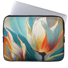 Capa Para Notebook Brilho Floral Abstrato em Turquesa e Laranja