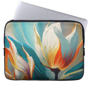 Capa Para Notebook Brilho Floral Abstrato em Turquesa e Laranja