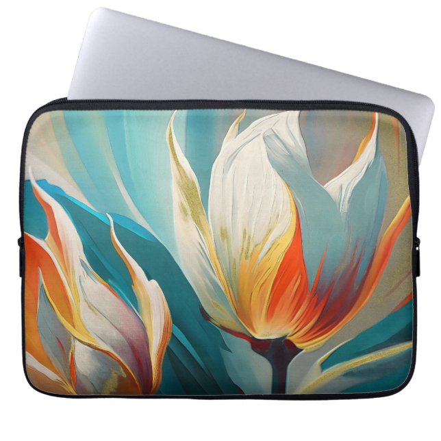 Capa Para Notebook Brilho Floral Abstrato em Turquesa e Laranja (Frente)