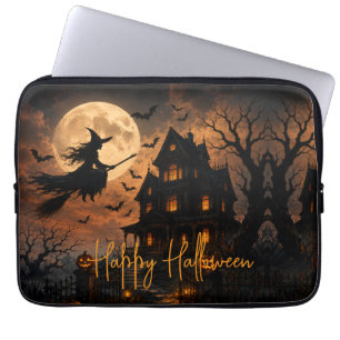 Capa Para Notebook Bruxa Assustadora de Halloween Voando Sobre Casa A