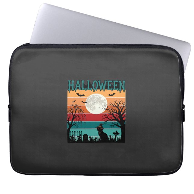 Capa Para Notebook Bruxa de Halloween Gato Teia de Aranha Lua Cemitér (Frente)