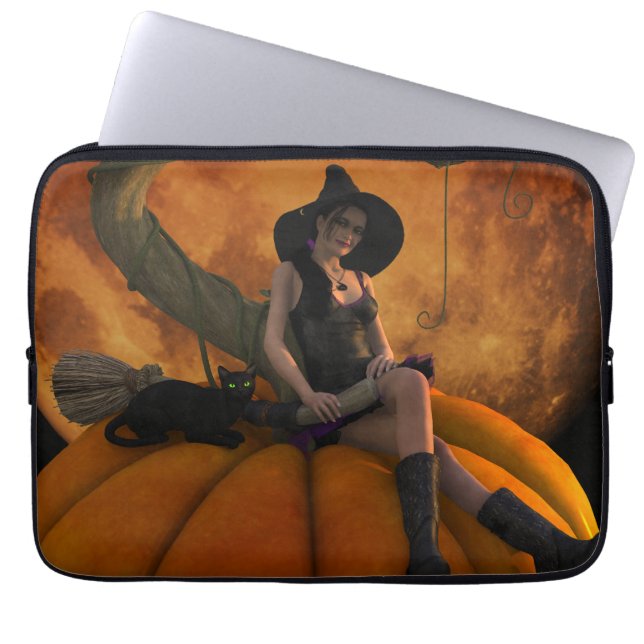 Capa Para Notebook Bruxa e Gato na Pumpkin Gigante (Frente)