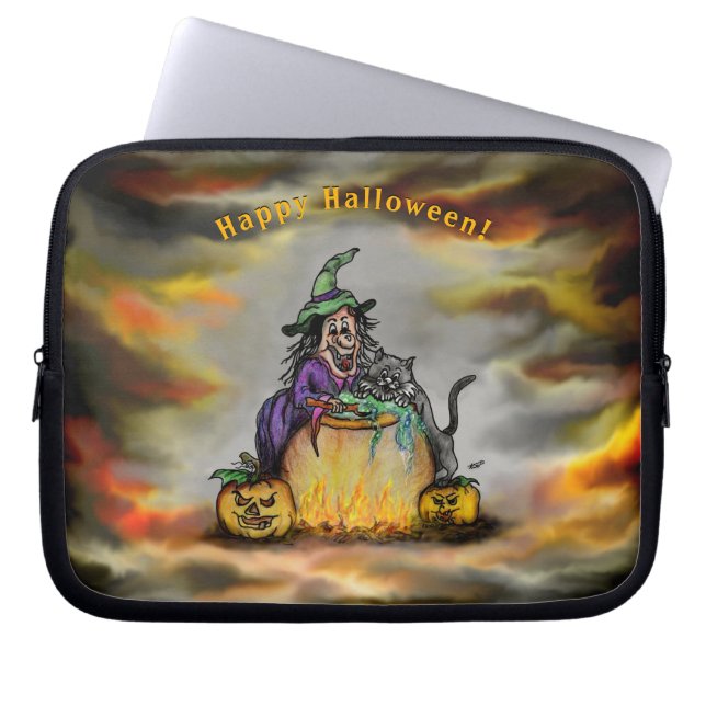 Capa Para Notebook Bruxa e Gato Negro, Feliz Halloween! (Frente)