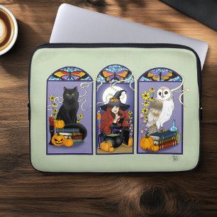 Capa Para Notebook Bruxa Gótica Gato Preto Coruja Halloween Art Nouve