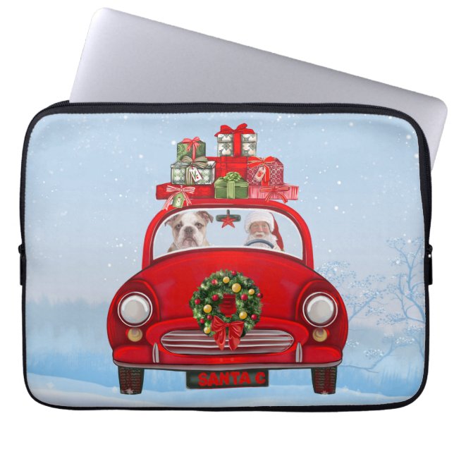 Capa Para Notebook Buldogue Inglês No Carro Com Papai Noel (Frente)