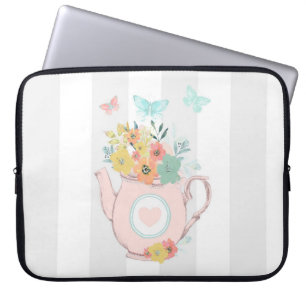 Capa Para Notebook Bule rosa com flores e borboletas