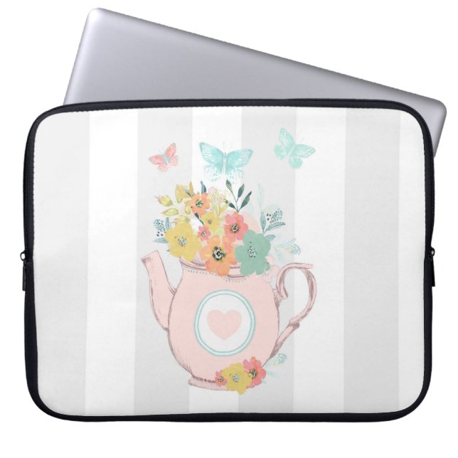 Capa Para Notebook Bule rosa com flores e borboletas (Frente)