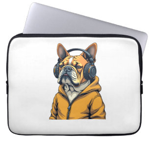 Capa Para Notebook Bulldog Antigo de Headphones Vestindo Capuz Música