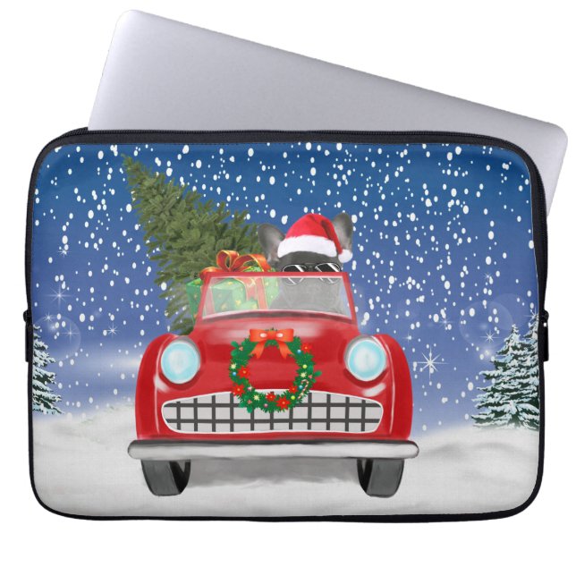 Capa Para Notebook Bulldog Francês Dirigindo Carro Na Neve Natal  (Frente)