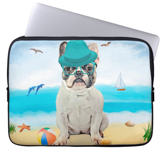 Capa Para Notebook Bulldog francês na praia (Frente)