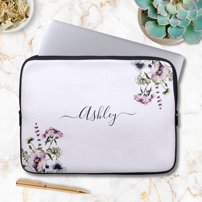 Capa Para Notebook Buquê de Flores Silvestres Roxas Floral Aquarela (In situ)