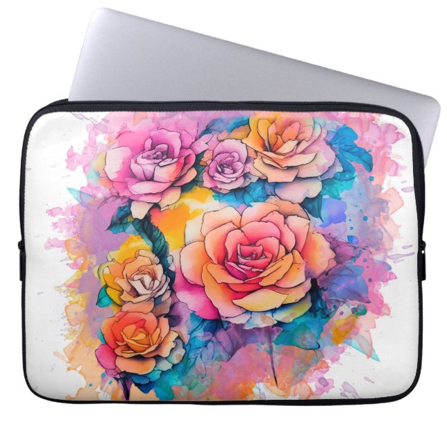 Capa Para Notebook Buquê de Rosas com Pingos de Tinta em Aquarela Mod (Frente)