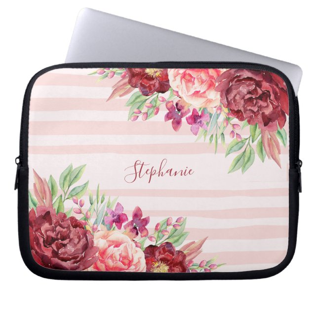 Capa Para Notebook Burgundy Blush Floral Pink Stripes Monograma (Frente)