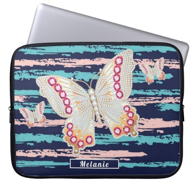 Capa Para Notebook Butterfly Pink blue groovy stripes monogrammed (Frente)