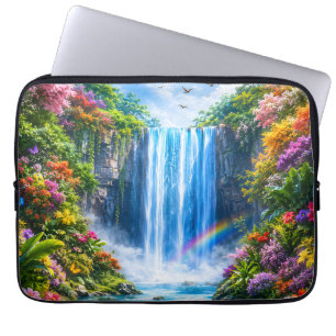 Capa Para Notebook Cachoeira Mágica com Arco-íris e Flor Colorida