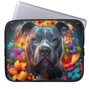 Capa Para Notebook Cachorro Azul Pitbull com Laptop de Flores