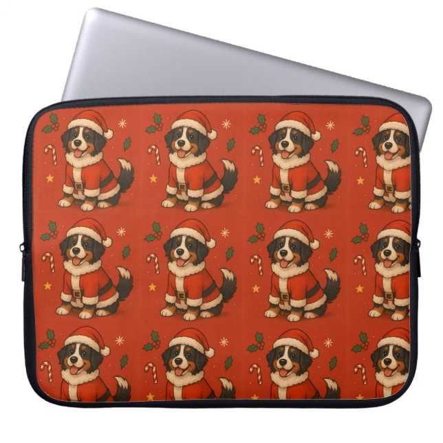 Capa Para Notebook Cachorro Bernês de Natal Bernese Mountain Santa (Frente)