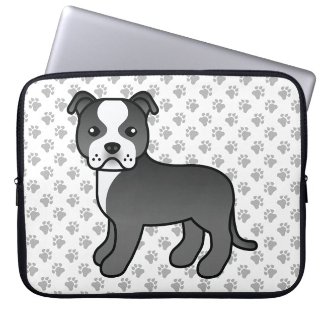 Capa Para Notebook Cachorro Cartoon Staffie Preto E Branco Fofo & Pat (Frente)