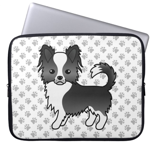 Capa Para Notebook Cachorro Chihuahua de Casaco Longo Preto e Branco  (Frente)