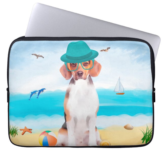 Capa Para Notebook Cachorro De Beagle Na Praia (Frente)