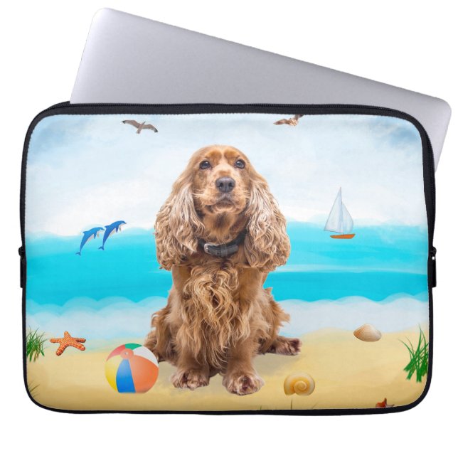 Capa Para Notebook Cachorro do Cocker Spaniel em Praia (Frente)