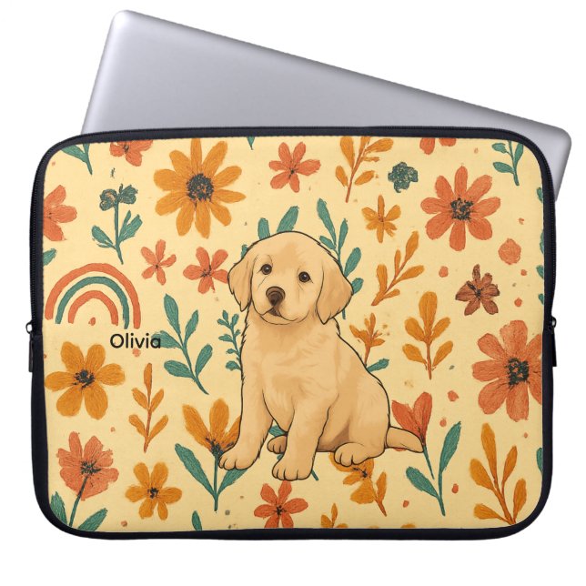 Capa Para Notebook Cachorro Fofo & Flores Boho (Frente)